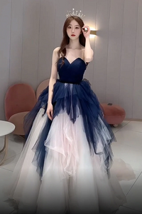 Navy Blue And Ivory Tulle Sweetheart Formal Dress, Layers Tulle Prom Dress PFP2632