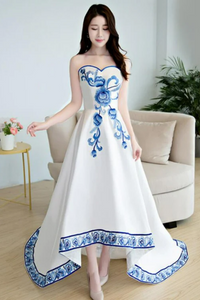 Beautiful White Satin With Flowers Embroidery Party Dresses, High Low Graduation Dresses PFP2633