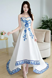 Beautiful White Satin With Flowers Embroidery Party Dresses, High Low Graduation Dresses PFP2633