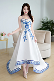 Beautiful White Satin With Flowers Embroidery Party Dresses, High Low Graduation Dresses PFP2633