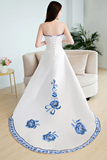 Beautiful White Satin With Flowers Embroidery Party Dresses, High Low Graduation Dresses PFP2633