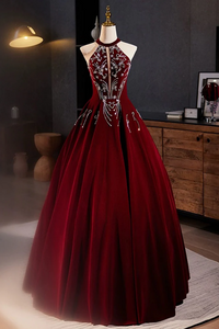 A Line Velvet Sequin Burgundy Long Prom Dress, Burgundy Long Formal Dress PFP2634