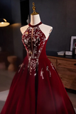 A Line Velvet Sequin Burgundy Long Prom Dress, Burgundy Long Formal Dress PFP2634