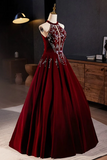 A Line Velvet Sequin Burgundy Long Prom Dress, Burgundy Long Formal Dress PFP2634