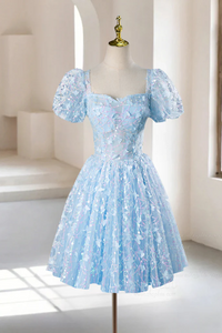 A Line Puff Sleeves Tulle Lace Blue Short Prom Dress, Blue Homecoming Dress PFH0457