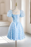 A Line Puff Sleeves Tulle Lace Blue Short Prom Dress, Blue Homecoming Dress PFH0457