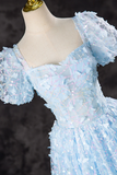 A Line Puff Sleeves Tulle Lace Blue Short Prom Dress, Blue Homecoming Dress PFH0457