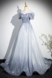 Elegant Gradient Short Sleeve Part Dress, A Line Blue Formal Evening Dress PFP2638