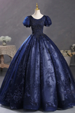 Blue Tulle Sequins Long Formal Dress, A Line Short Sleeve Evening Party Dress PFP2639