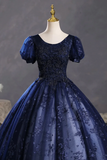 Blue Tulle Sequins Long Formal Dress, A Line Short Sleeve Evening Party Dress PFP2639