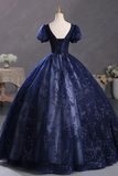 Blue Tulle Sequins Long Formal Dress, A Line Short Sleeve Evening Party Dress PFP2639