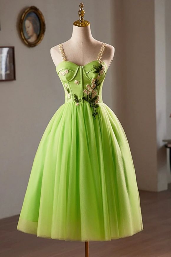 Beautiful Green Lace Flower Short Party Dress, Lovely Spaghetti Straps Sleeveless Backless Evening Dress PFH0470