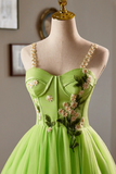 Beautiful Green Lace Flower Short Party Dress, Lovely Spaghetti Straps Sleeveless Backless Evening Dress PFH0470