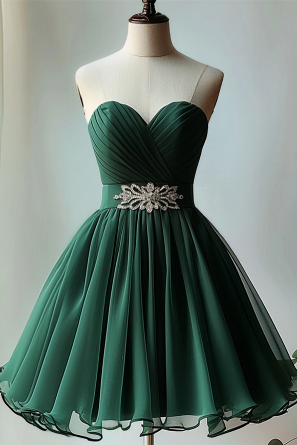 Dark Green Beaded Chiffon Knee Length Party Dress, Green Homecoming Dress PFH0471