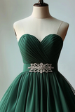 Dark Green Beaded Chiffon Knee Length Party Dress, Green Homecoming Dress PFH0471