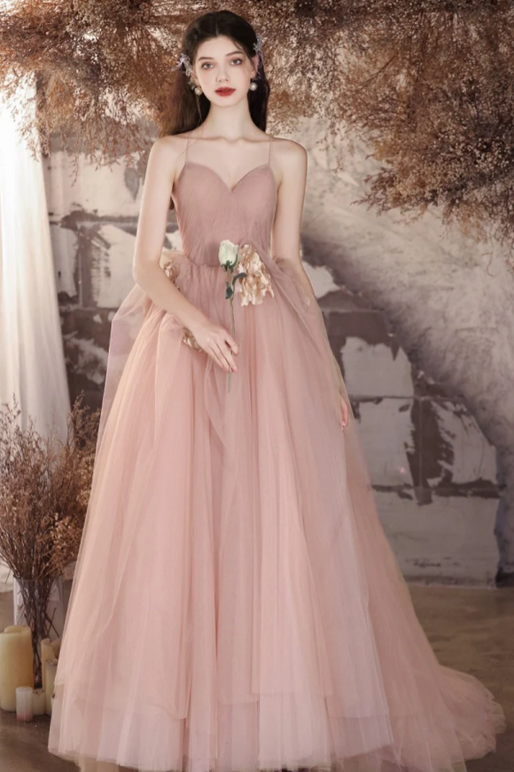 A Line V Neck Tulle Flower Pink Long Prom Dress, Pink Long Evening Dress PFP2640