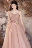 A Line V Neck Tulle Flower Pink Long Prom Dress, Pink Long Evening Dress PFP2640