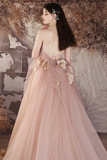 A Line V Neck Tulle Flower Pink Long Prom Dress, Pink Long Evening Dress PFP2640