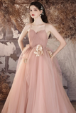 A Line V Neck Tulle Flower Pink Long Prom Dress, Pink Long Evening Dress PFP2640