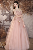 A Line V Neck Tulle Flower Pink Long Prom Dress, Pink Long Evening Dress PFP2640