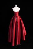 A Line Satin Short Prom Dress, Burgundy Strapless High Low Party Dress PFH0472