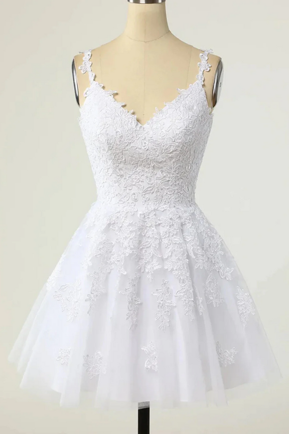 Cute V Neckline White Tulle With Lace Graduation Dress, White Short Party Dress PFH0473