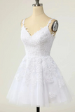 Cute V Neckline White Tulle With Lace Graduation Dress, White Short Party Dress PFH0473