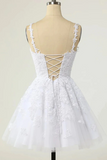 Cute V Neckline White Tulle With Lace Graduation Dress, White Short Party Dress PFH0473