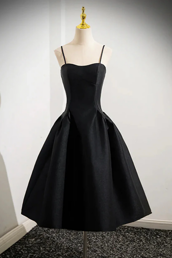 Black Satin Spaghetti Straps Short Prom Dress, Black Homecoming Party Dress PFH0474