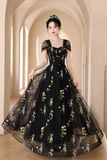 Black Floral Tulle Floor Length Prom Dress, Off the Shoulder Evening Party Dress PFP2643