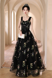 Black Floral Tulle Floor Length Prom Dress, Off the Shoulder Evening Party Dress PFP2643