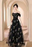 Black Floral Tulle Floor Length Prom Dress, Off the Shoulder Evening Party Dress PFP2643