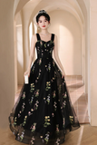 Black Floral Tulle Floor Length Prom Dress, Off the Shoulder Evening Party Dress PFP2643