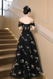 Black Floral Tulle Floor Length Prom Dress, Off the Shoulder Evening Party Dress PFP2643