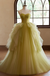 A Line Sweetheart Neck Tulle Green Long Prom Dress, Green Long Formal Dress PFP2645