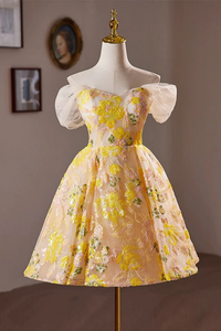 A Line Off Shoulder Tulle Lace Short Yellow Prom Dress, Yellow Homecoming Dress PFH0476