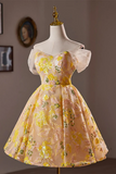 A Line Off Shoulder Tulle Lace Short Yellow Prom Dress, Yellow Homecoming Dress PFH0476