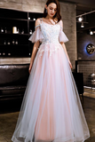 Blue And Pink Off Shoulder Floor Length With Lace Applique Party Dress, Pink Formal Dress Prom Dress PFP2646