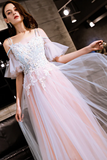 Blue And Pink Off Shoulder Floor Length With Lace Applique Party Dress, Pink Formal Dress Prom Dress PFP2646