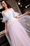 Blue And Pink Off Shoulder Floor Length With Lace Applique Party Dress, Pink Formal Dress Prom Dress PFP2646