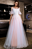 Blue And Pink Off Shoulder Floor Length With Lace Applique Party Dress, Pink Formal Dress Prom Dress PFP2646