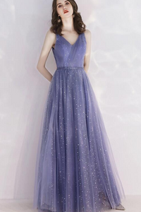 Charming Tulle Purple V Neckline Long Formal Dress, Shiny Tulle Low Back Wedding Party Dress PFP2647