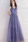 Charming Tulle Purple V Neckline Long Formal Dress, Shiny Tulle Low Back Wedding Party Dress PFP2647