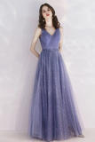 Charming Tulle Purple V Neckline Long Formal Dress, Shiny Tulle Low Back Wedding Party Dress PFP2647