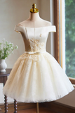 Cute Tulle Lace Knee Length Prom Dress, Champagne Off the Shoulder Evening Party Dress PFH0489