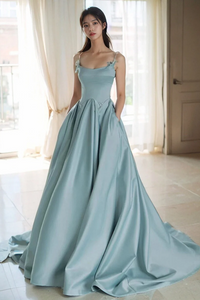 Chic Blue Satin A Line Straps Beaded Long Evening Dress, Blue Satin Prom Dress PFP2648