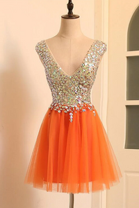 Gorgeous V Neck Open Back Orange Short Prom Homecoming Dresses, Short Orange Formal Evening Dresses PFH0502