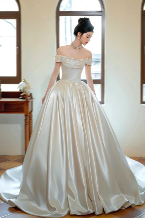 Champagne Satin Long Prom Wedding Dress, Off the Shoulder Formal Evening Dress PFW0649