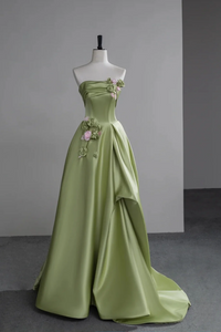 Green Satin A Line Party Dress With Flowers, Green Long Prom Dress PFP2652