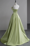 Green Satin A Line Party Dress With Flowers, Green Long Prom Dress PFP2652